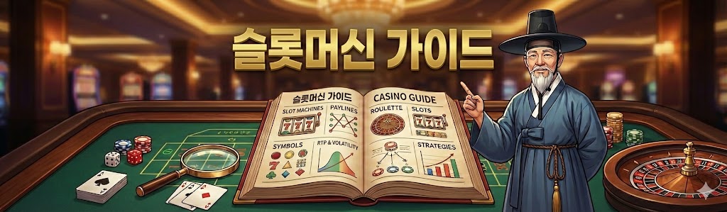 슬롯머신 가이드: 갓을 쓴 한국 노인 캐릭터가 페이라인, RTP, 심볼 등 슬롯 규칙이 상세히 적힌 책을 가리키고 있는 카지노 테이블 이미지.