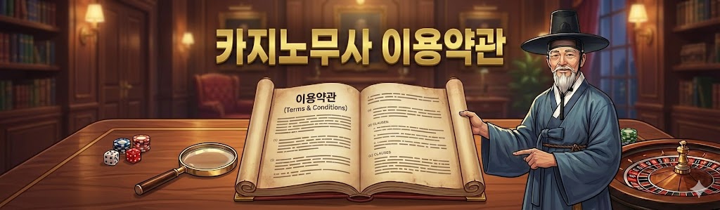 카지노무사 이용약관: 갓을 쓴 노인 캐릭터가 상세 규정이 담긴 펼쳐진 책을 가리키고 있는 이미지. 책상 위에는 돋보기, 카지노 칩, 룰렛이 놓여 있음
