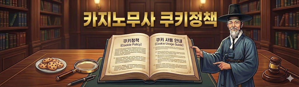 카지노무사 쿠키정책 안내 배너. 갓을 쓴 노인 캐릭터가 '쿠키정책'과 '쿠키 사용 안내'가 펼쳐진 책을 가리키고 있으며, 책상 위에는 실제 쿠키와 돋보기, 판사봉이 놓여 있습니다.