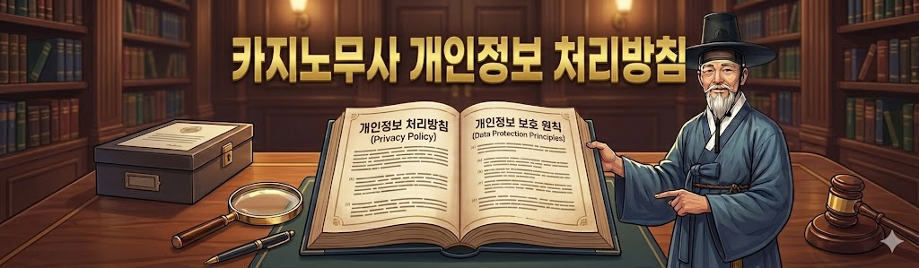 카지노무사 개인정보 처리방침 안내 배너. 갓을 쓴 노인 캐릭터가 법률 서재 배경에서 '개인정보 보호 원칙'이 적힌 펼쳐진 책을 가리키고 있으며, 책상 위에는 법봉(판사봉), 돋보기, 보안 문서함이 놓여 있습니다