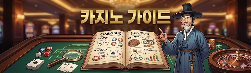 갓을 쓴 한국 노인 캐릭터가 바카라, 블랙잭, 룰렛, 슬롯 전략이 담긴 '카지노 가이드' 책을 가리키고 있는 카지노 테이블 이미지.