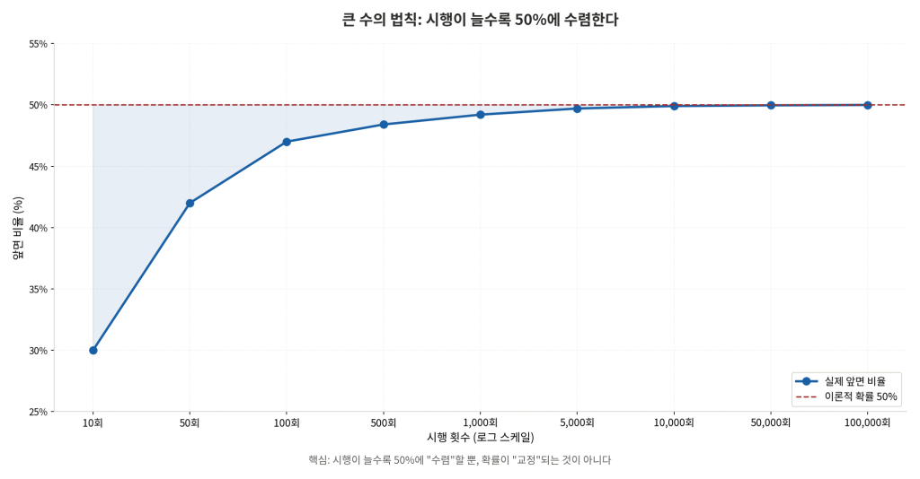 큰 수의 법칙 - 동전 던지기 시행 횟수가 늘어날수록 앞면 비율이 이론적 확률 50%에 수렴하는 그래프