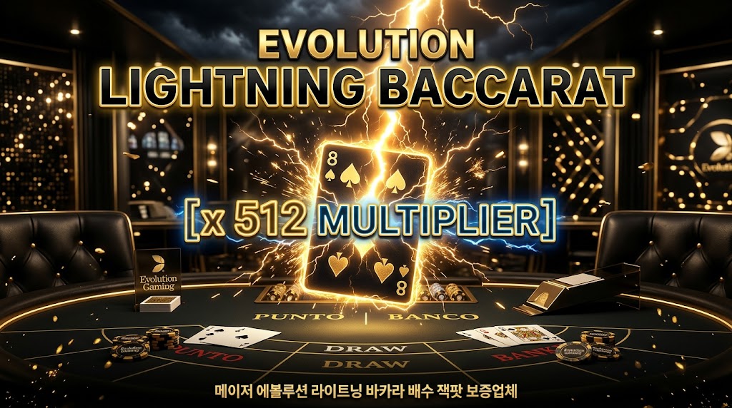 "럭셔리 블랙 앤 골드 톤의 카지노 VIP 스튜디오에서 에볼루션 게이밍(Evolution Gaming)의 라이트닝 바카라(Lightning Baccarat) Featured Image. 중앙에는 번개 효과를 동반한 x512 멀티플라이어 잭팟 배수가 강조된 홀로그램 스페이드 8 카드가 떠 있다. 테이블 위에는 'PUNTO', 'BANCO', 'DRAW' 베팅 영역과 카드가 배치되어 있으며, 배경의 흐릿한 도시 야경과 VIP 체스터필드 의자가 고품격 분위기를 조성한다. 하단 한국어 텍스트는 '메이저 에볼루션 라이트닝 바카라 배수 잭팟 보증업체'를 명시한다."