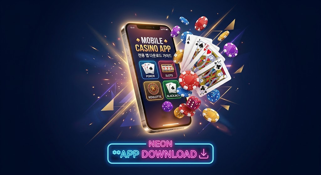 모바일 카지노 전용 앱 다운로드 가이드를 묘사한 이미지. 어두운 네이비 배경 중앙에 놓인 스마트폰 화면(MOBILE CASINO APP)에서 포커, 슬롯, 룰렛, 블랙잭 아이콘과 함께 카지노 칩, 트럼프 카드, 주사위가 화려한 황금빛 스파크를 튕기며 화면 밖으로 쏟아져 나오는 역동적인 3D 그래픽. 하단에 빛나는 네온사인으로 'APP DOWNLOAD' 버튼 명시.