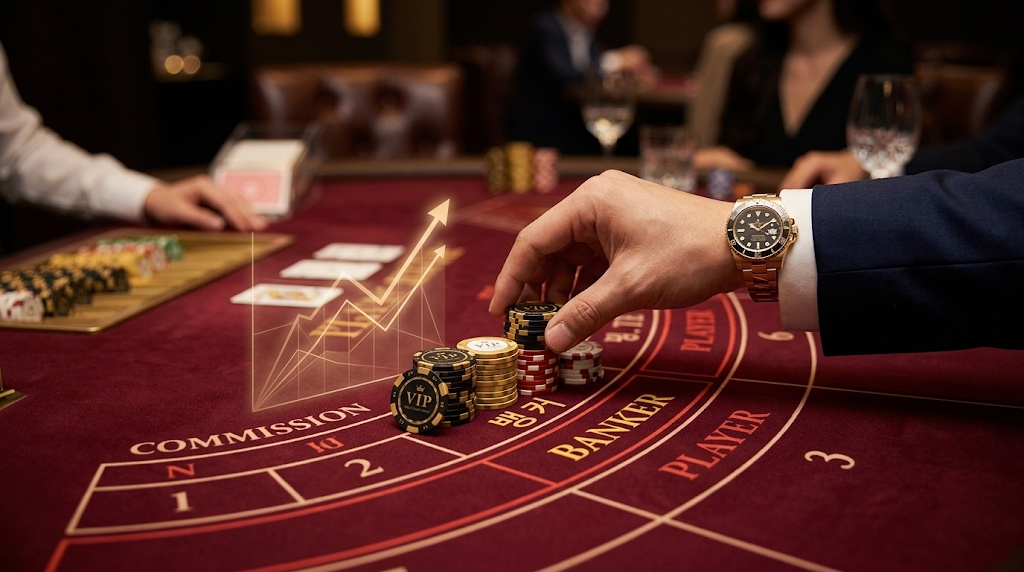 라이브 카지노 바카라 시스템 베팅을 통한 수익 창출을 묘사한 이미지. 고급 금장 시계를 찬 VIP 플레이어의 손이 붉은색 바카라 테이블의 '뱅커(BANKER)' 구역에 카지노 칩을 전략적으로 베팅하고 있으며, 칩 위로 수익률 상승을 의미하는 투명한 우상향 홀로그램 선 그래프가 떠오르는 모습을 시각화