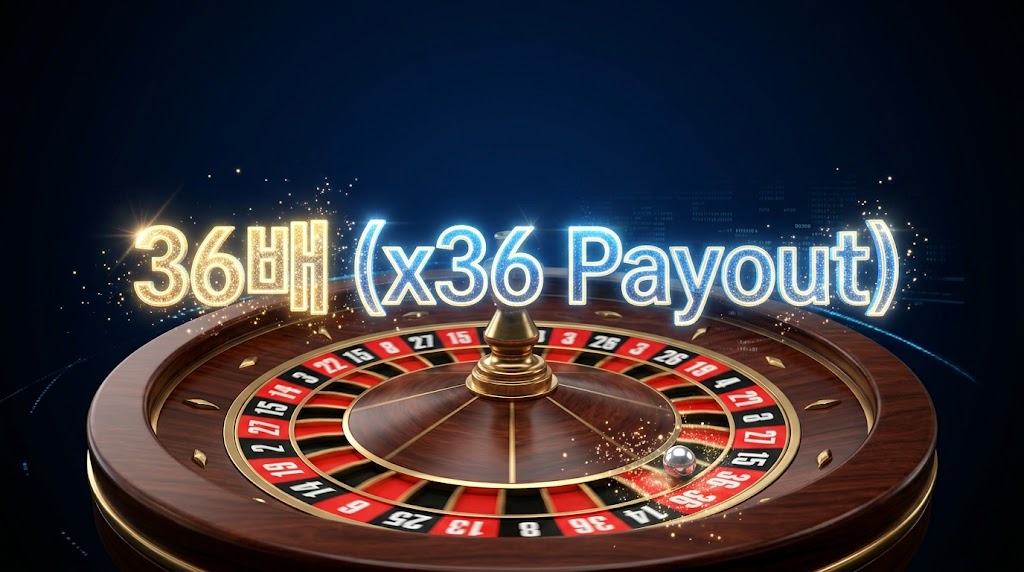 "메이저 온라인 룰렛 실전 배팅 전략 가이드를 위한 역동적인 3D 대표 이미지. 어두운 진한 네이비 배경에서 빛나는 '36배 (x36 Payout)' 홀로그램 텍스트가 있으며, 회전하는 고급 목재 카지노 룰렛 휠의 숫자 36 칸 위에 당첨된 공과 불꽃이 보입니다.