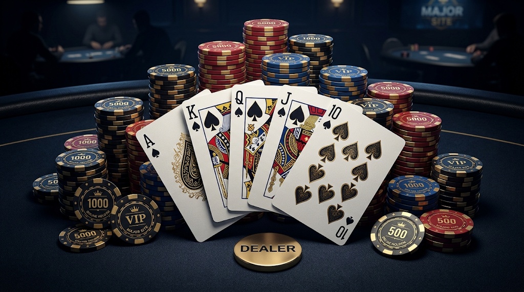 온라인 홀덤 메이저사이트에서 로얄 스트레이트 플러쉬(로티플) 잭팟이 터진 모습을 묘사한 이미지. 묵직한 네이비색 카지노 테이블 중앙에 스페이드 A, K, Q, J, 10 카드가 화려하게 펼쳐져 있고, 그 뒤로 1000, 500 단위의 고액 VIP 칩들이 산더미처럼 쌓여 있음. 앞쪽에는 황금색 딜러(DEALER) 버튼이 놓여 있는 고급스러운 3D 그래픽.
