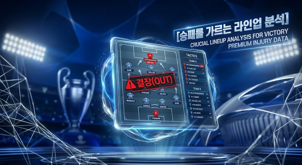 홀로그램 축구 분석 인터페이스. 투명한 태블릿에 전술판과 Team A와 Team B의 선수 라인업이 표시되며, Team A의 핵심 공격수인 Lewandowski 등이 '결장 (OUT)'으로 빨간색으로 명확하게 마크되어 있습니다. 인터페이스 우측 하단에는 한국어로 '[승패를 가르는 라인업 분석]' 텍스트가 있습니다. 배경은 미래지향적인 축구 경기장과 챔피언스리그 트로피입니다.